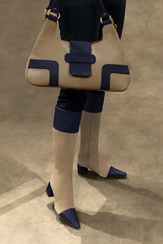Navy blue and tan beige women's feminine knee-high boots. Tapered toe. Medium block heels. Made to measure. Worn view - Florence KOOIJMAN